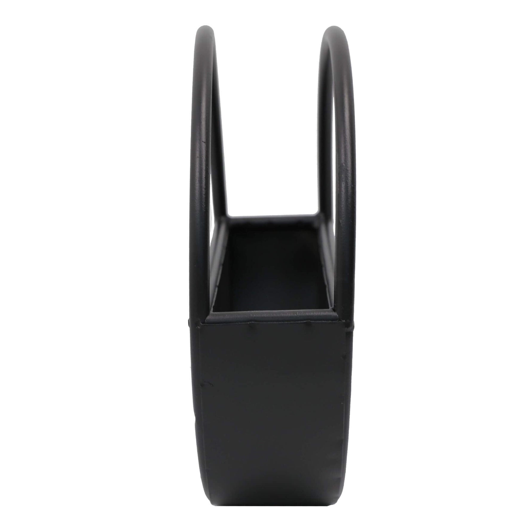 Black metal magazine holder on a white background