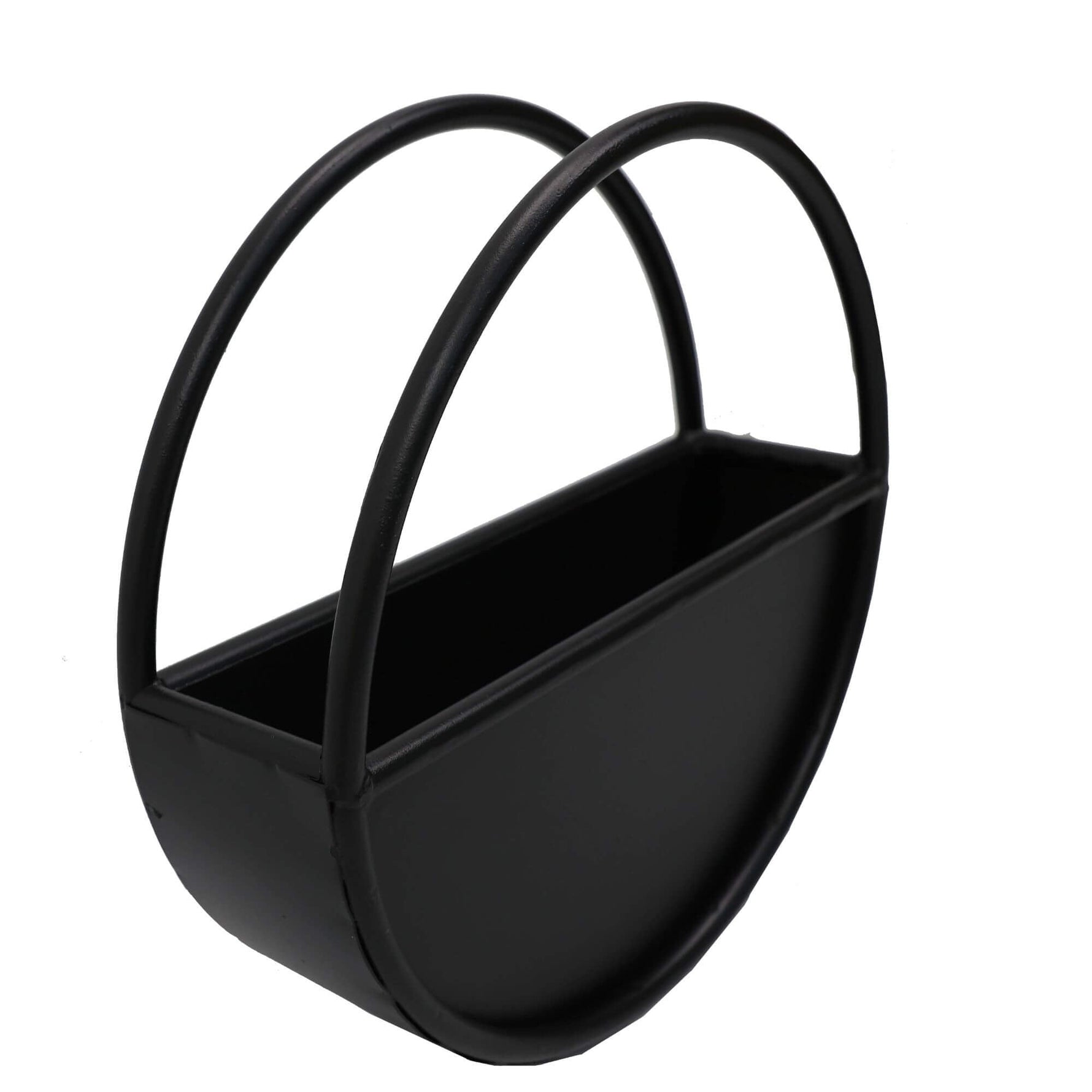 Black metal planter with curved handles on a white background