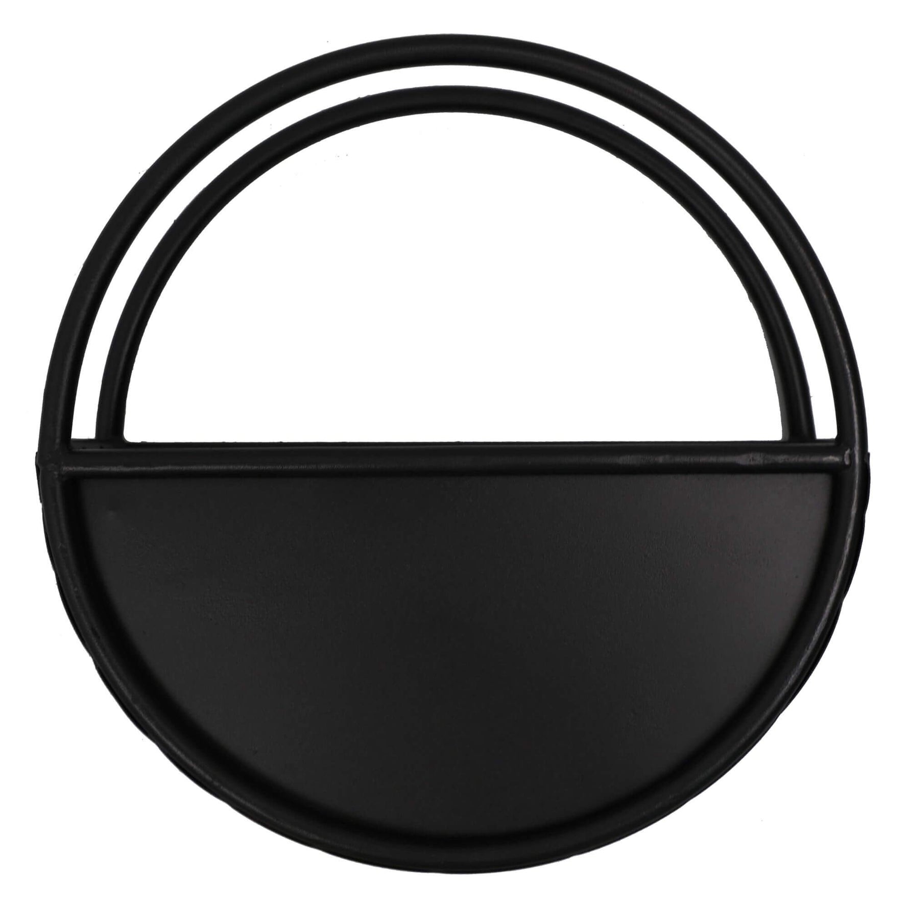 Black circular tray with a half-circle cutout on a white background