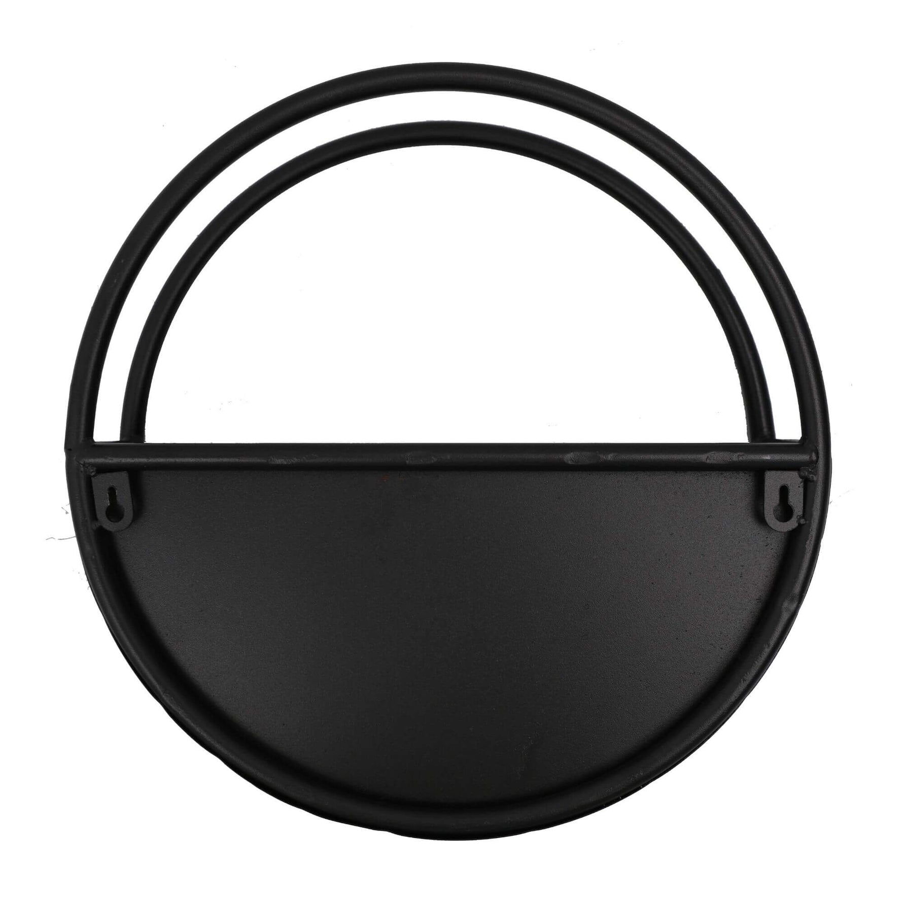 Black circular shelf with a flat surface on a white background