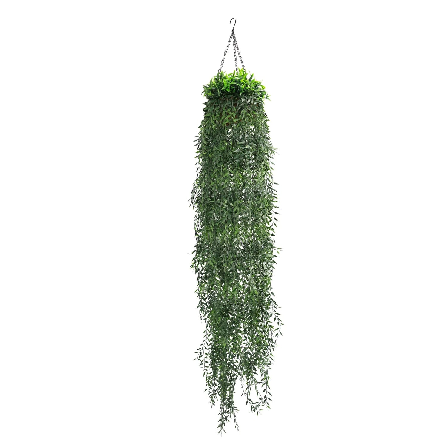 Hanging artificial green plant on a white background
