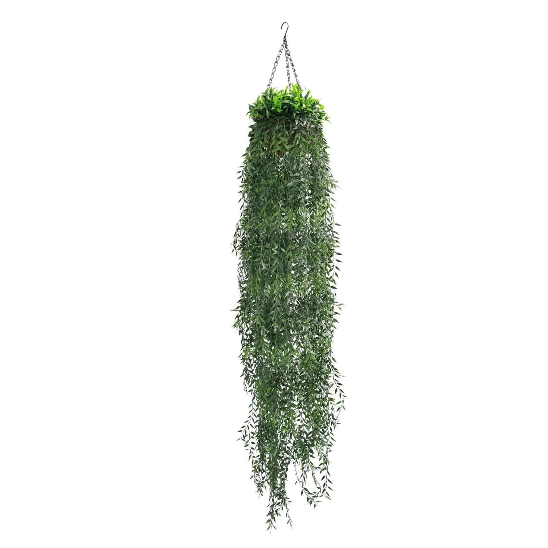 Hanging artificial green plant on a white background