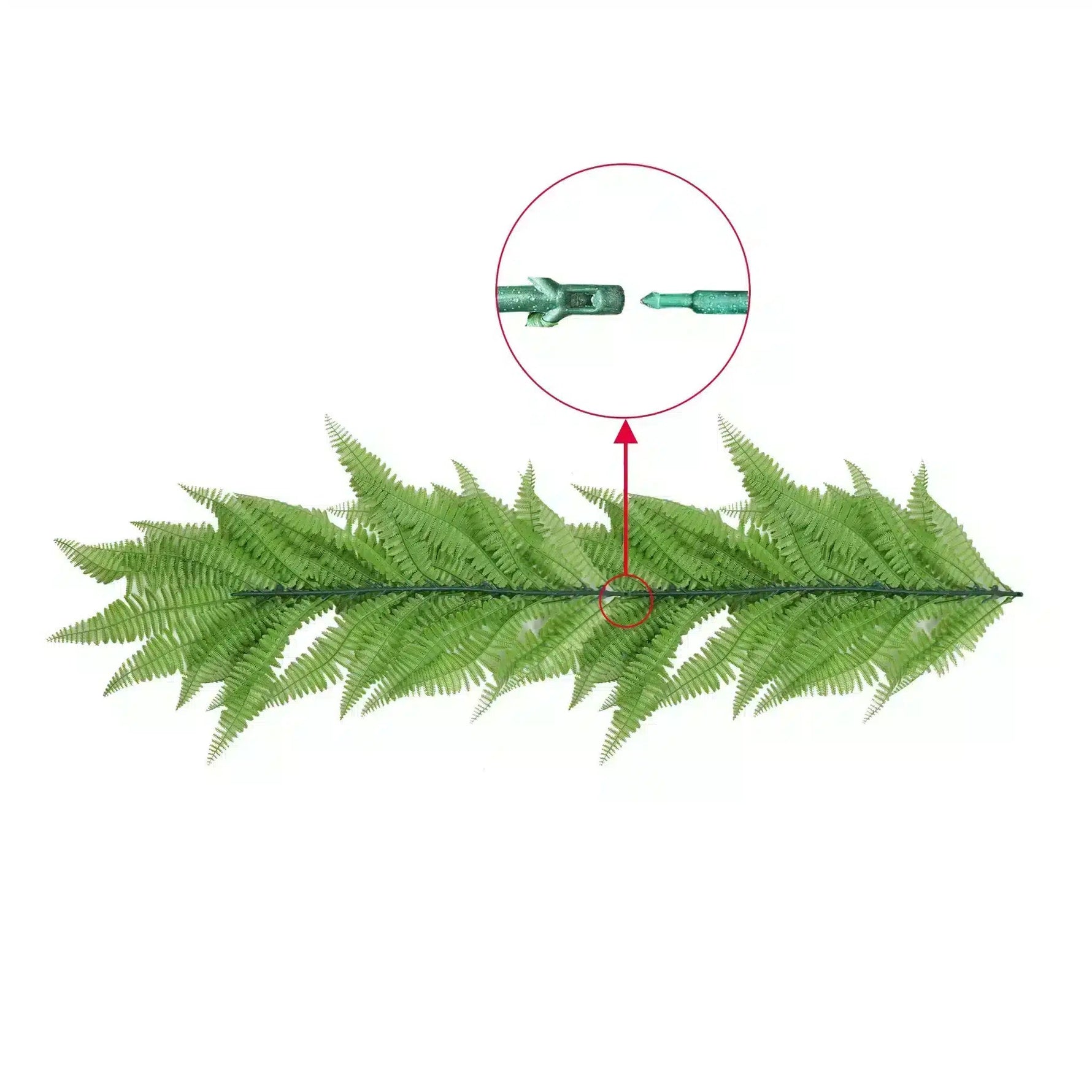 Green artificial fern leaf with a close-up of its stem on a white background