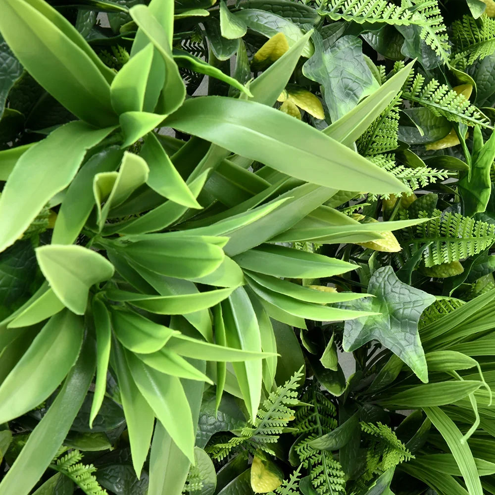 Rainforest Reverie artificial green wall panel 1m x 1m, foliage detail 2