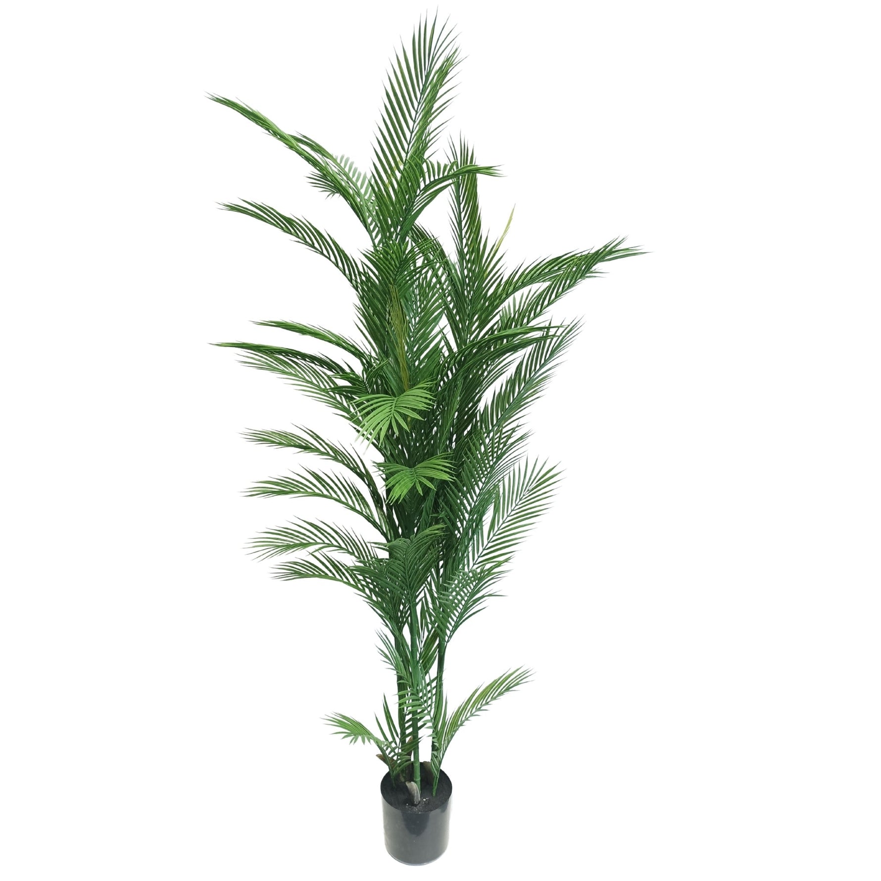 Potted artificial palm plant on a white background