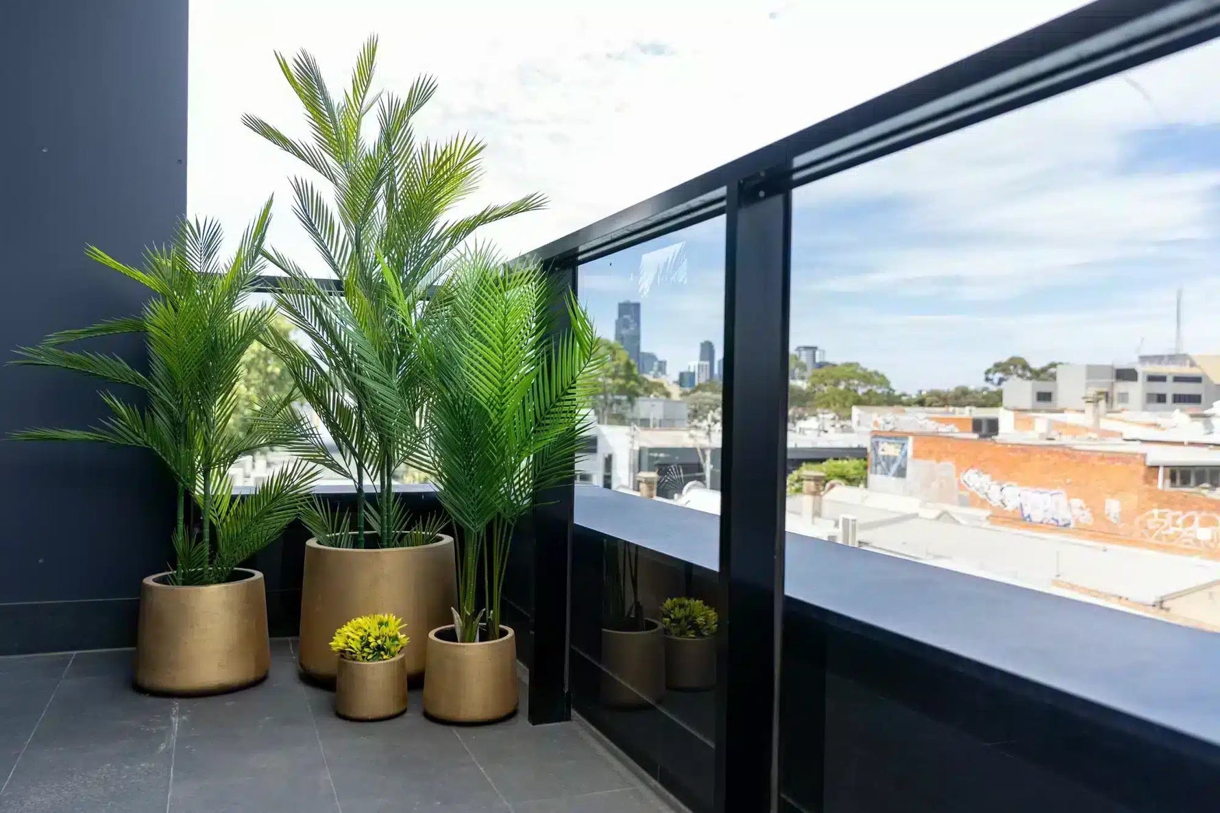 Potted plants on a balcony with a cityscape view