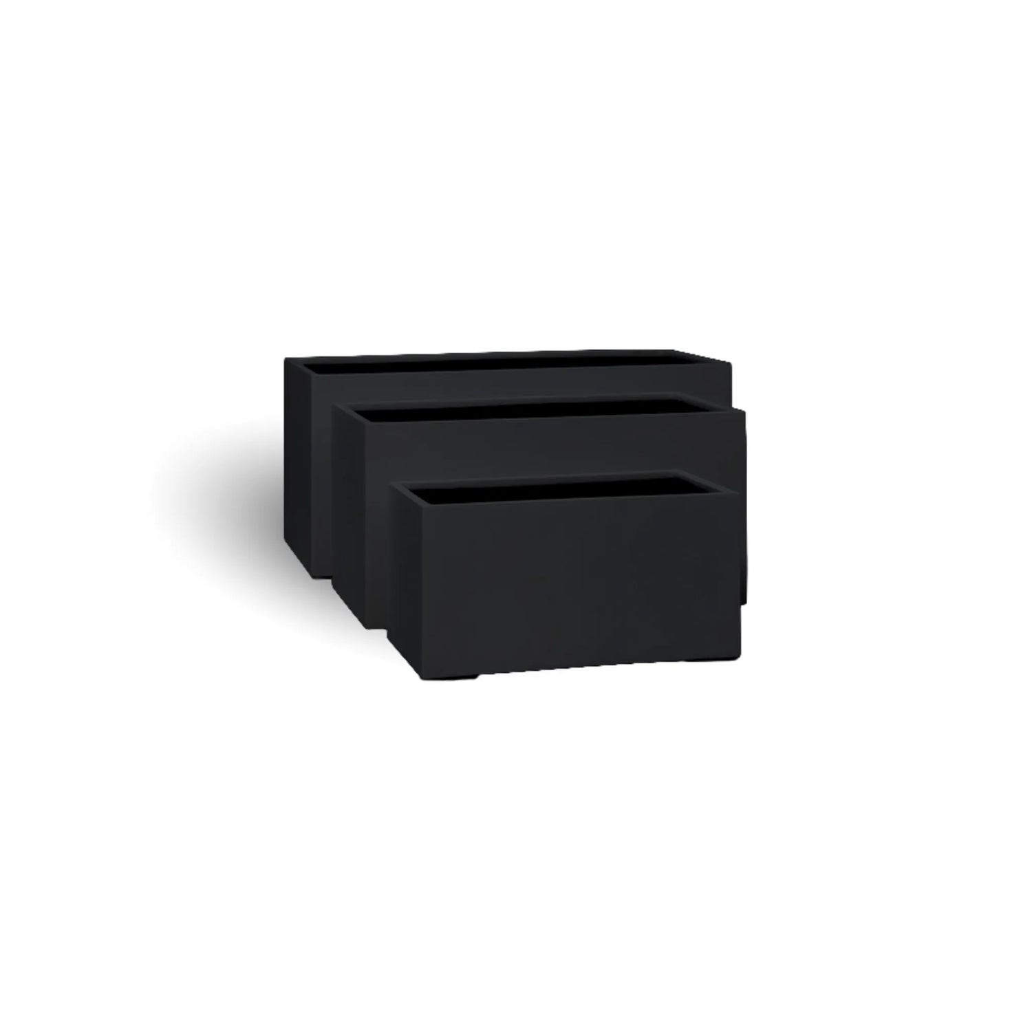 Two black rectangular planter boxes on a white background
