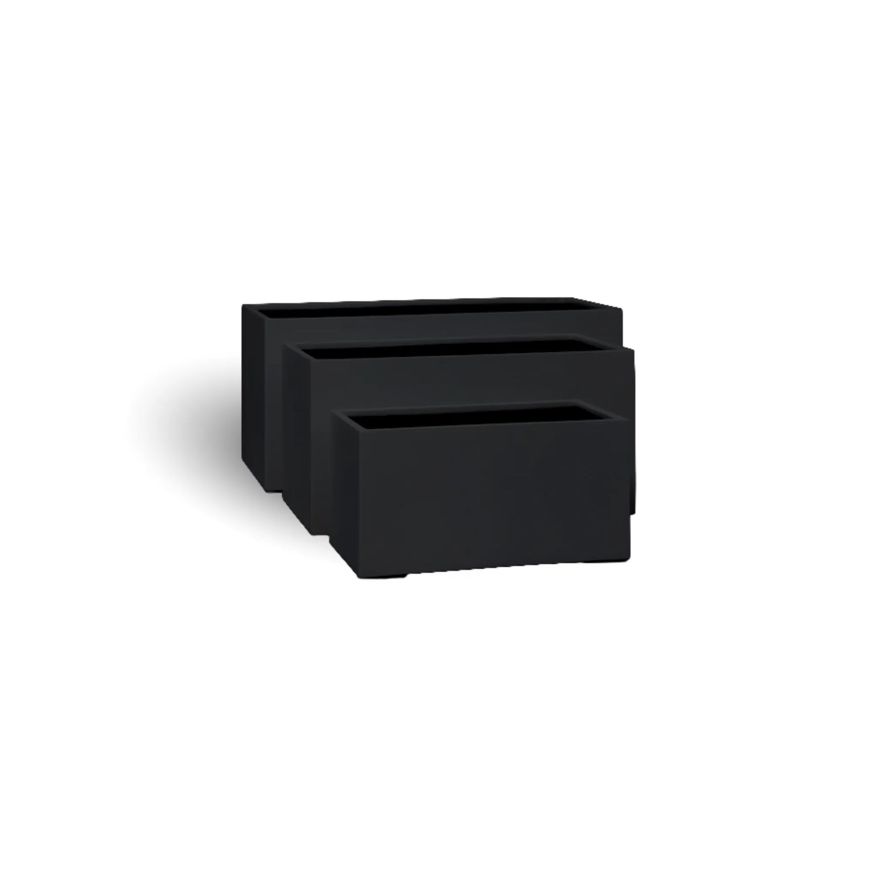 Two black rectangular planter boxes on a white background