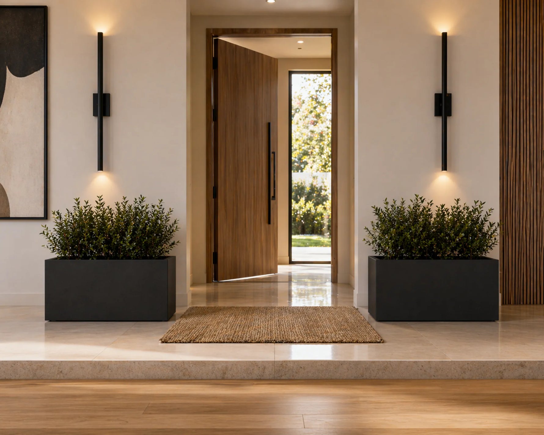 Modern interior with black planters, wooden door, and wall lights.