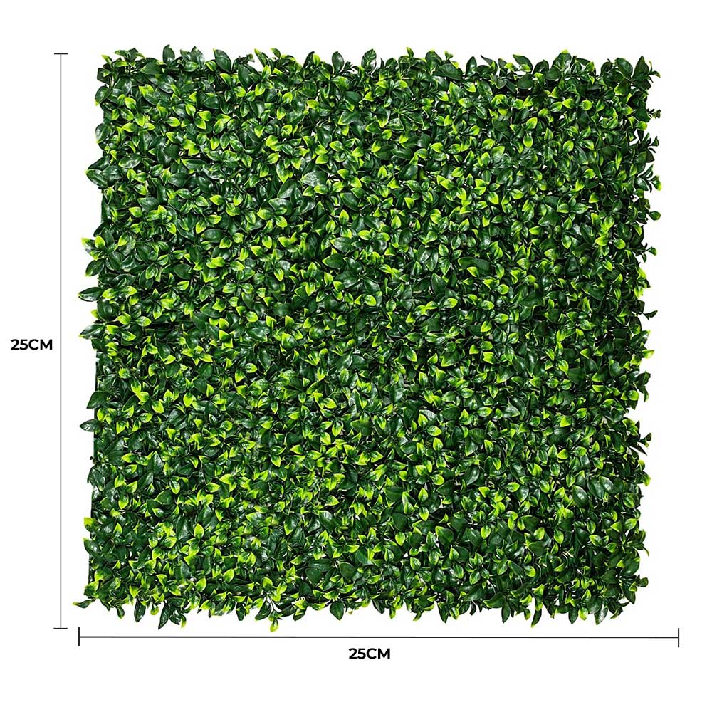 Square piece of artificial greenery with dimensions indicated