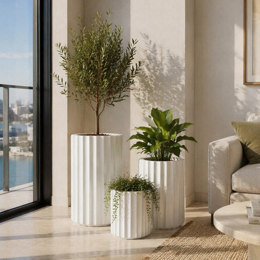Set of 3 Luxury Rounded Ribbed Planter| Premium Pot Range | Black or White