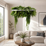 Living room with a large hanging fern plant, beige sofa, and wooden coffee table.