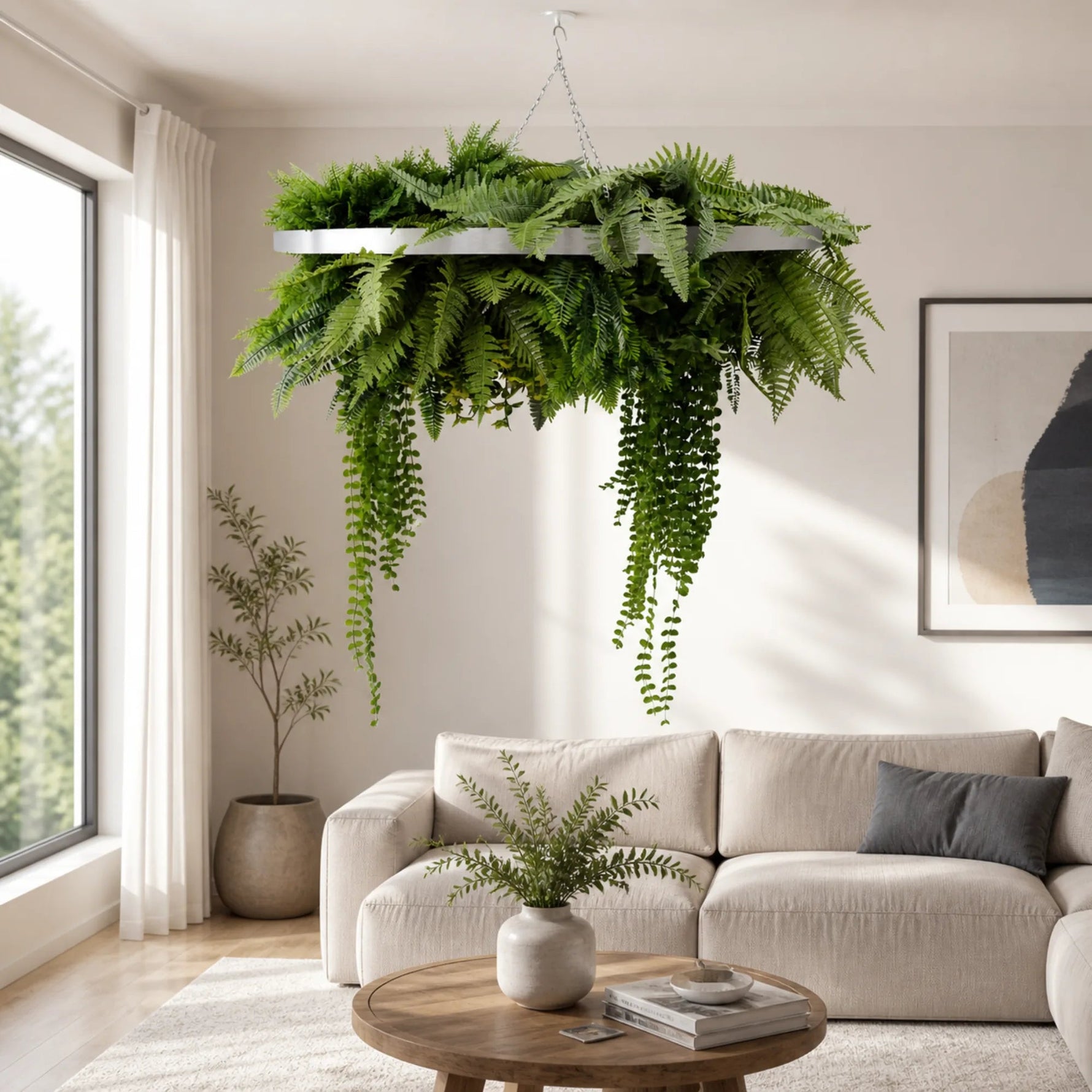 Living room with a large hanging fern plant, beige sofa, and wooden coffee table.