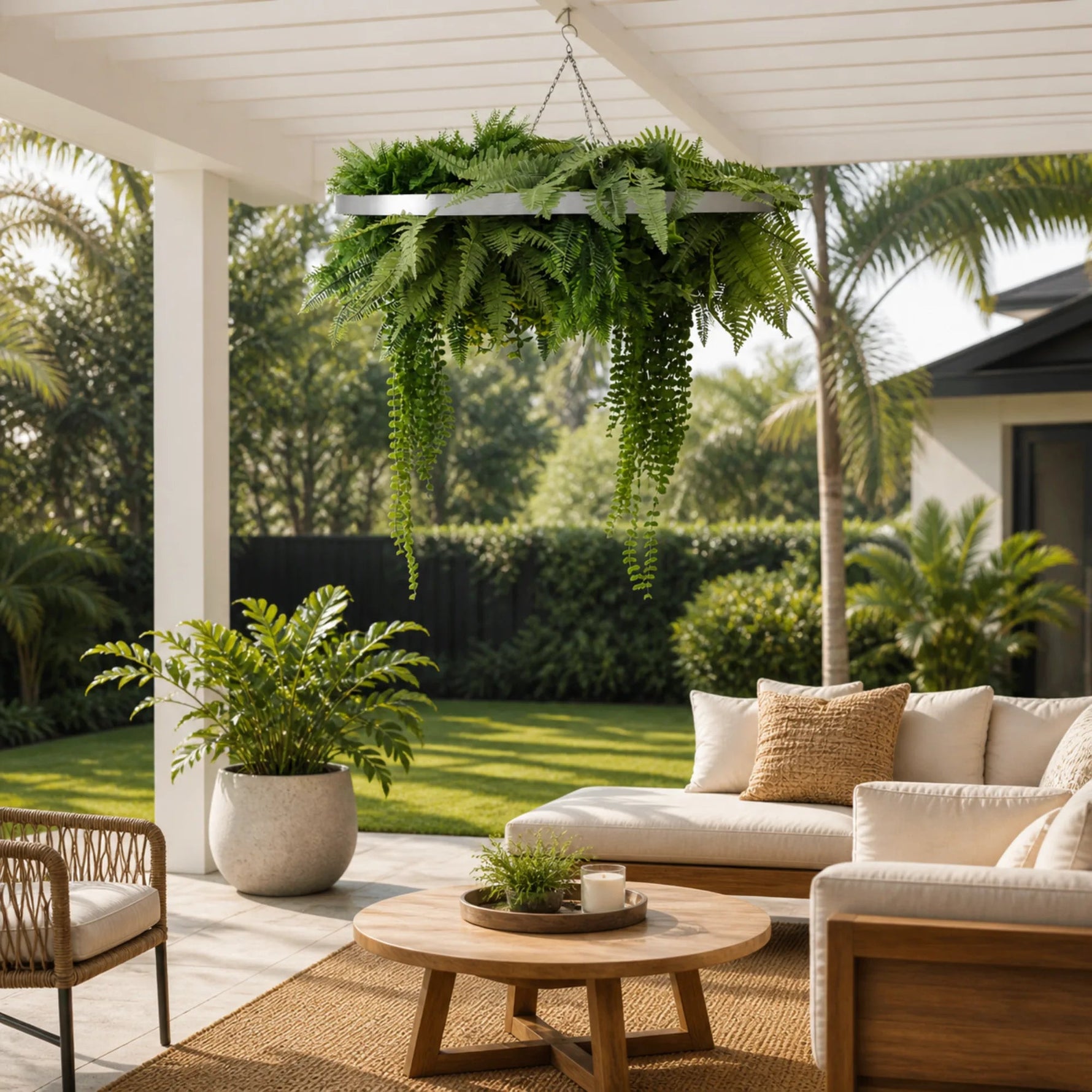 Outdoor patio with furniture, plants, and a hanging fern