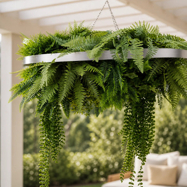 Silver Artificial Hanging Plant Disc Chandelier with Trailing Foliage — 80cm UV Resistant — gallery image 3