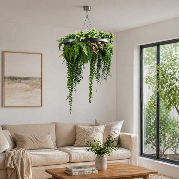 Silver Artificial Hanging Plant Disc Chandelier with Trailing Foliage & Ferns — 60cm UV Resistant — gallery image 4