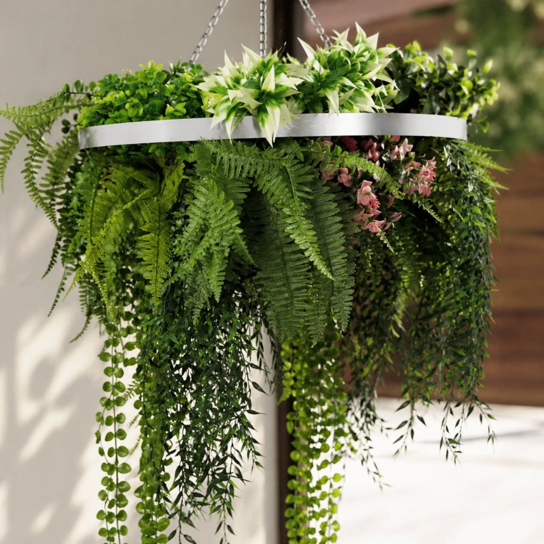 Hanging basket with green ferns and other plants against a neutral background