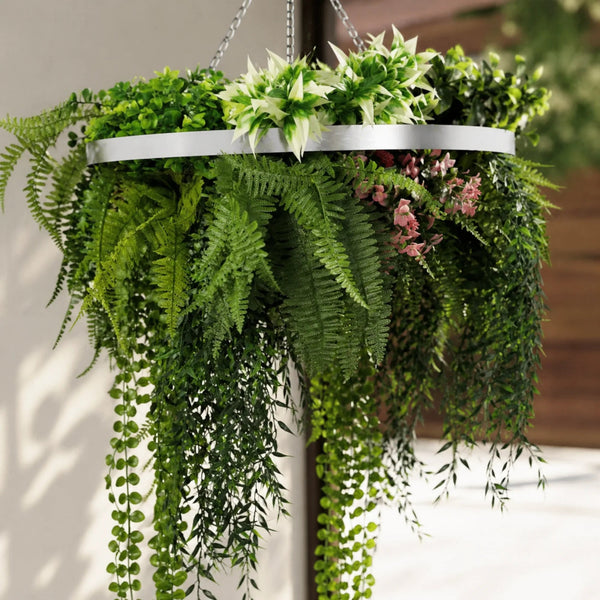 Silver Artificial Hanging Plant Disc Chandelier with Trailing Foliage & Ferns — 60cm UV Resistant — gallery image 3