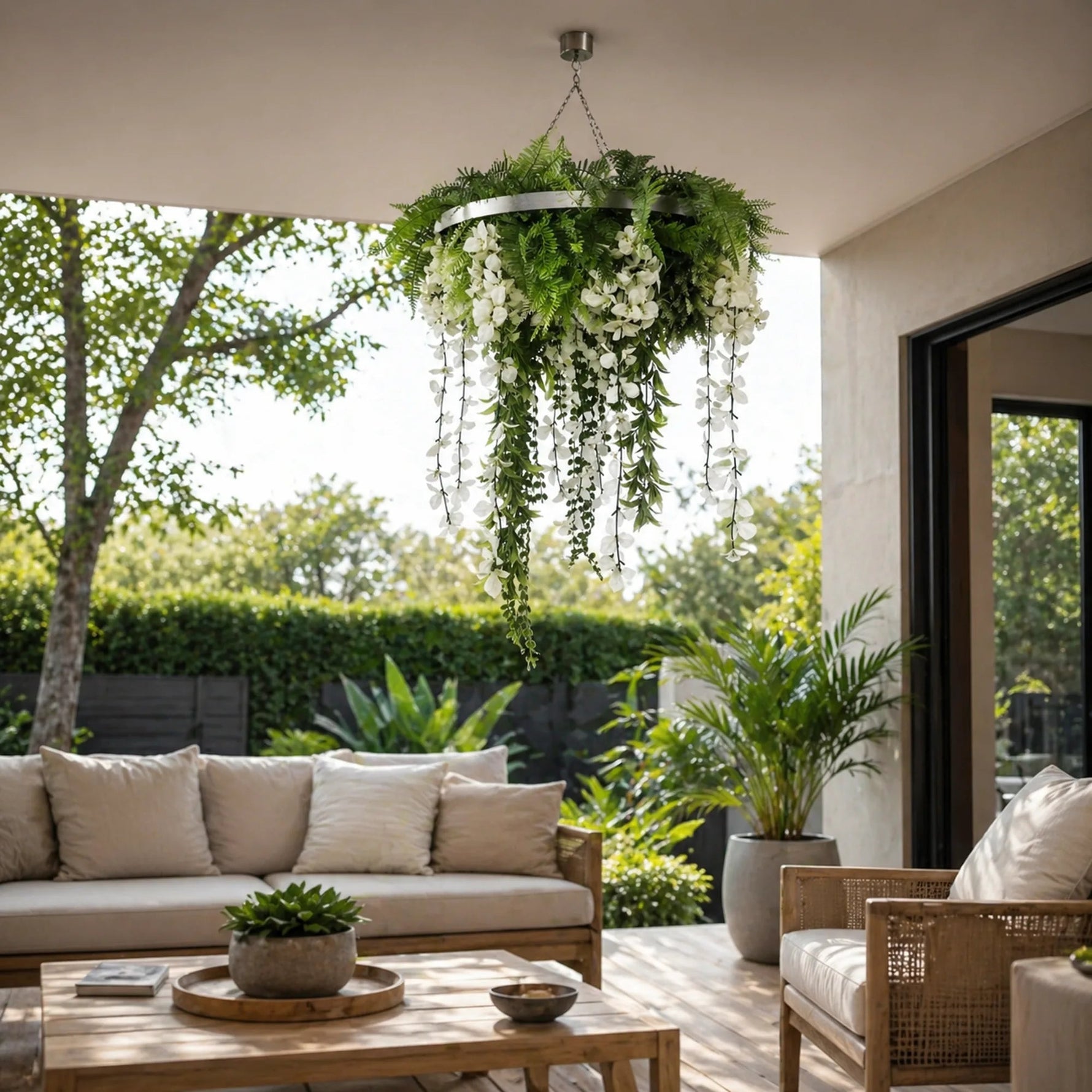 Outdoor patio with a couch, coffee table, and hanging floral chandelier.