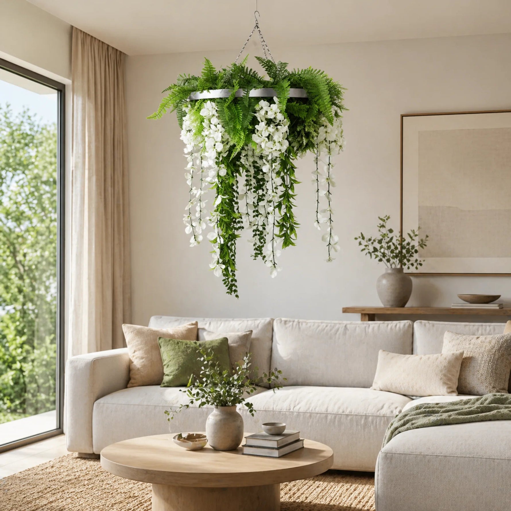 Living room with a white sofa, decorative plants, and a large window.