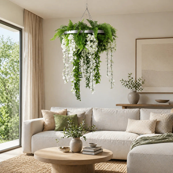 Silver Artificial Hanging Wisteria Disc Chandelier with Trailing Blooms — 60cm UV Resistant — gallery image 4
