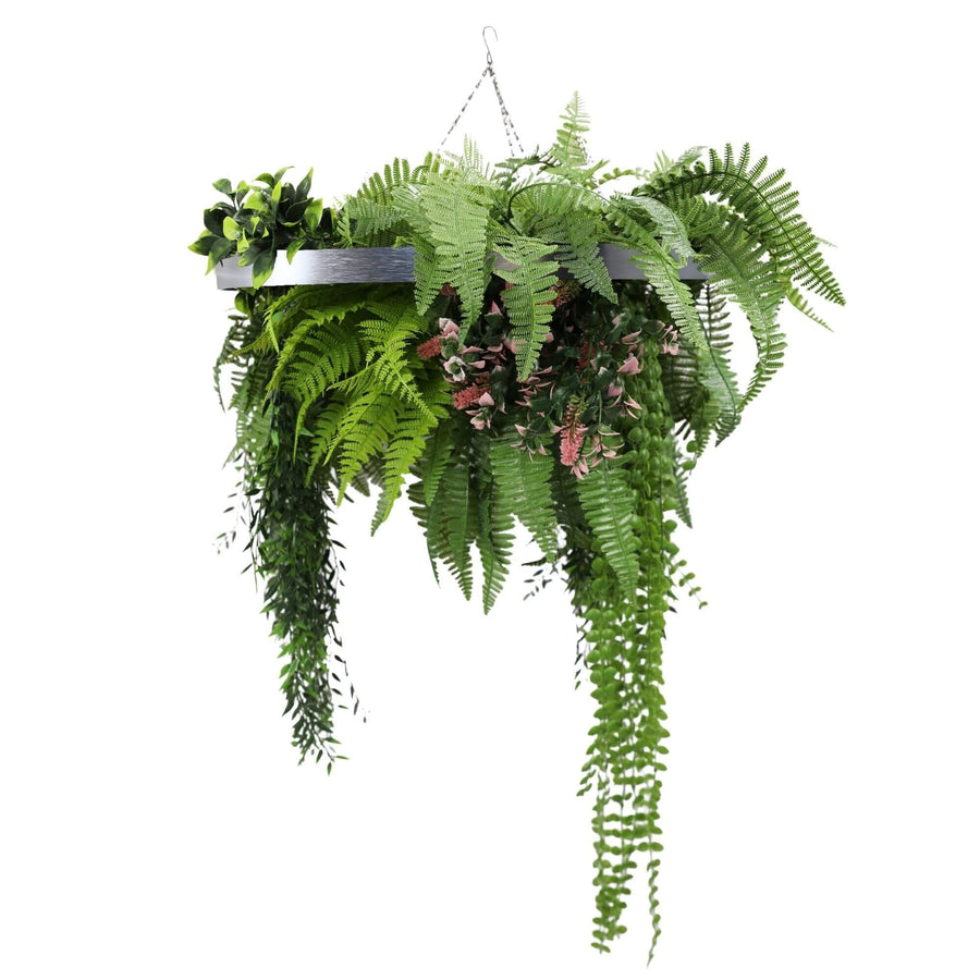 Silver Hanging Disc Green Wall Chandelier with Lifelike Trailing Foliage — 60cm UV Resistant