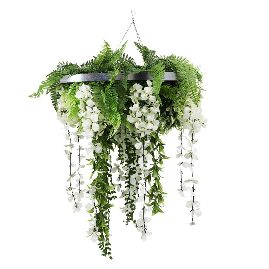 Silver Artificial Hanging Wisteria Disc Chandelier with Trailing Blooms — 60cm UV Resistant