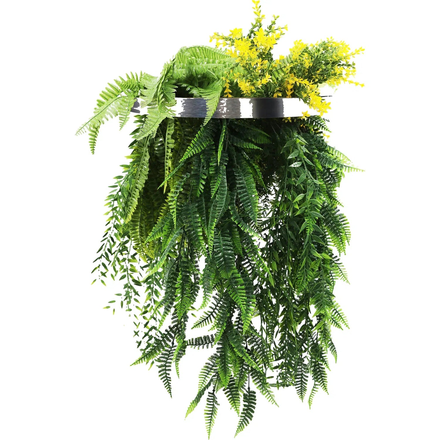 Hanging basket with green ferns and yellow flowers on a white background