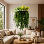 Living room with a beige sectional sofa, wooden coffee table, and hanging green plant.