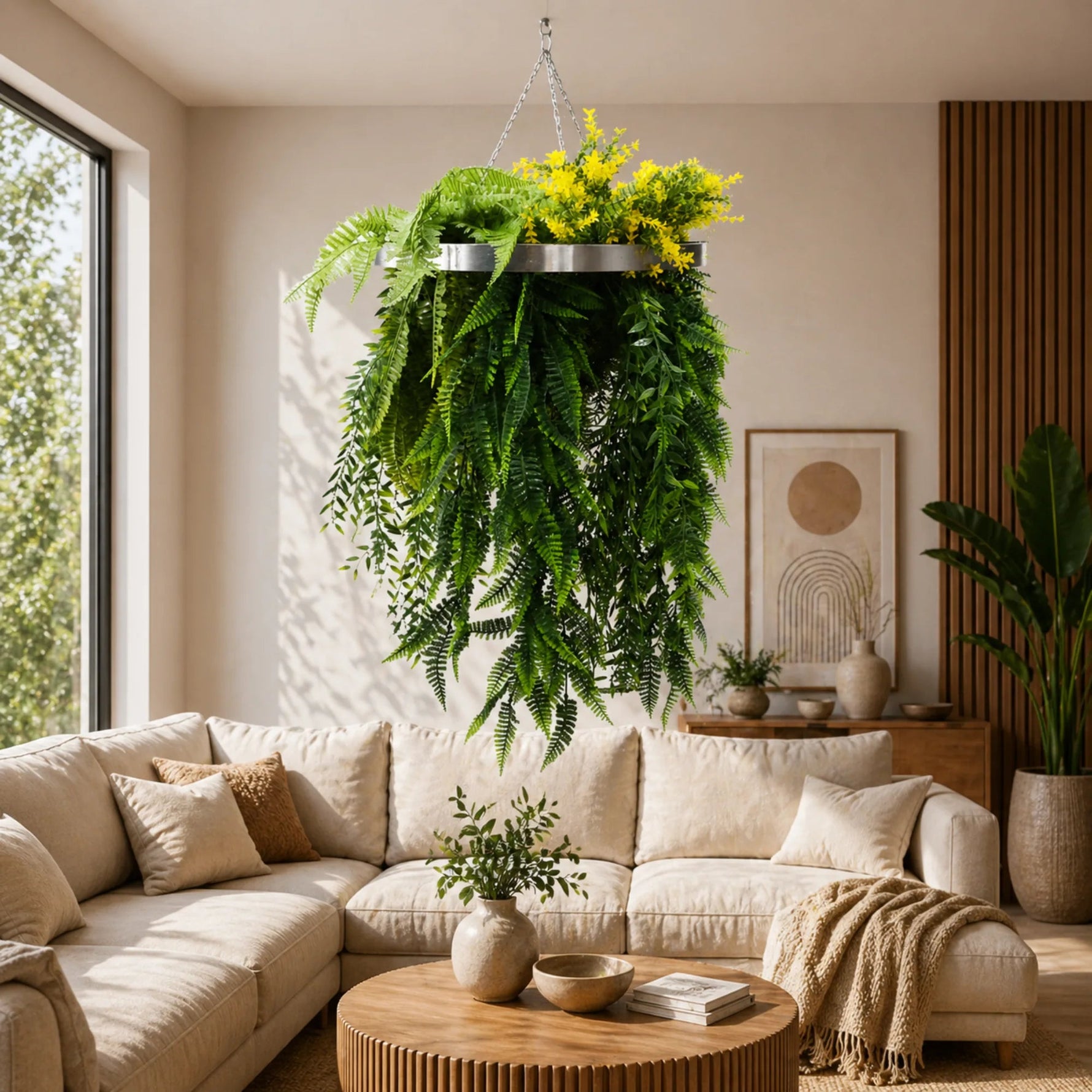 Living room with a beige sectional sofa, wooden coffee table, and hanging green plant.