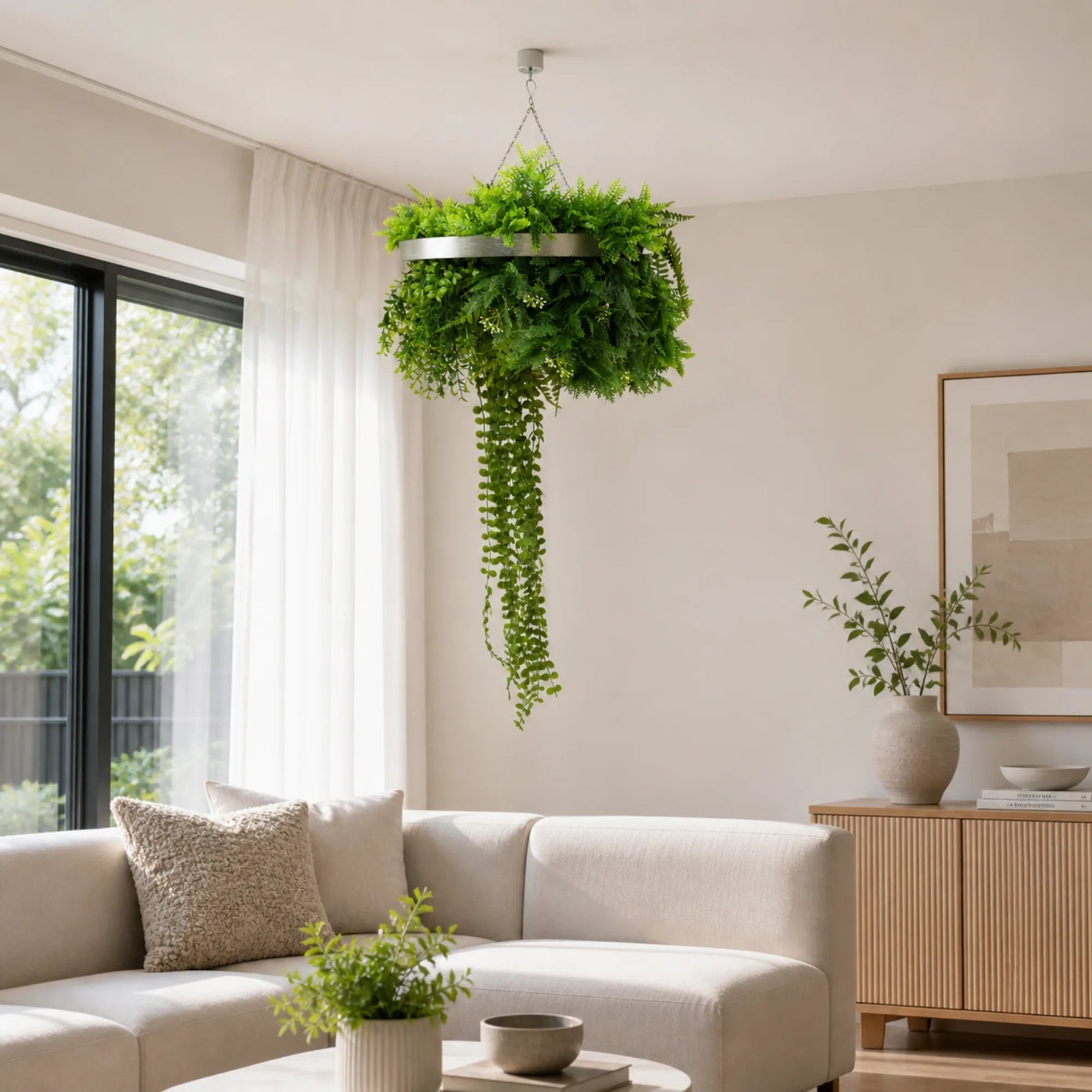 Living room with a beige sofa, potted plants, and a hanging green plant.