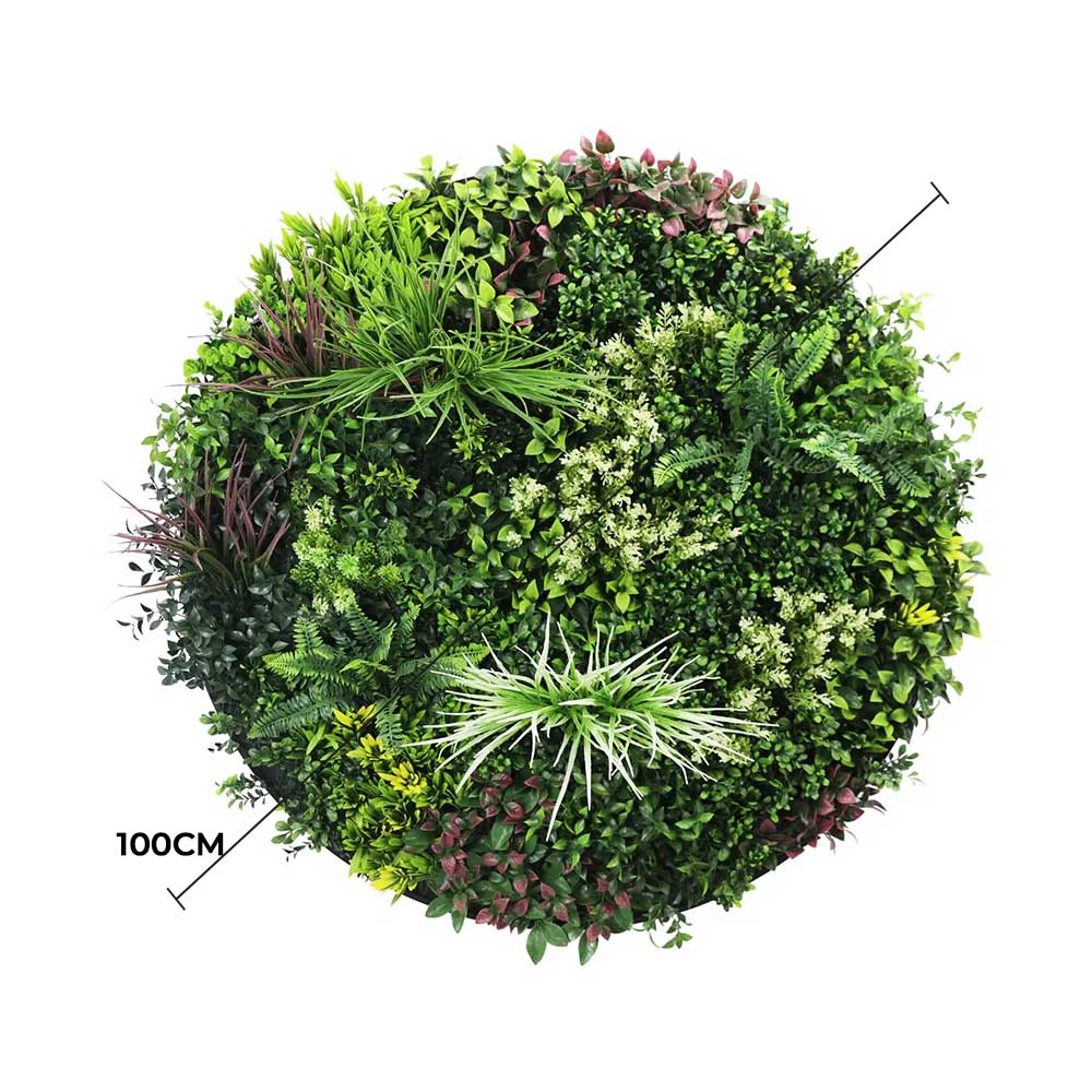 Round artificial topiary ball with greenery, labeled 100cm in diameter.