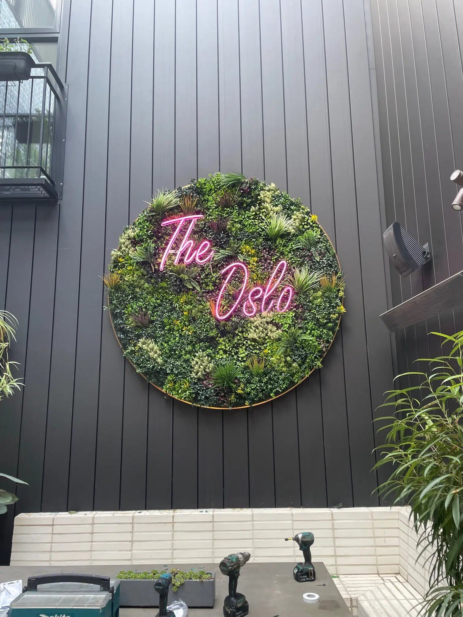 Neon sign with 'The Oslo' on a circular wall art made of plants against a dark building facade.