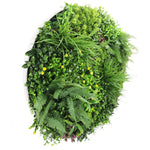Artificial green wall with various plants on a white background