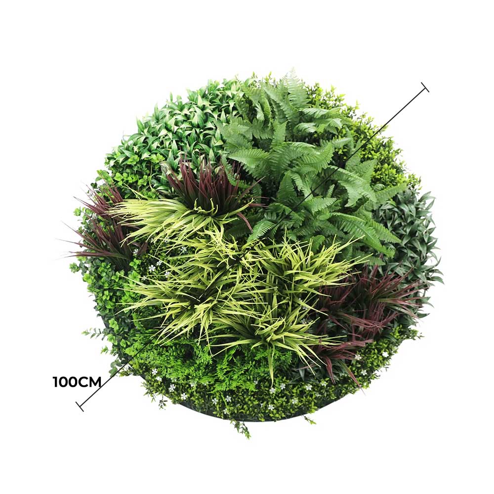 Round arrangement of various green plants with a 100cm measurement label on a white background