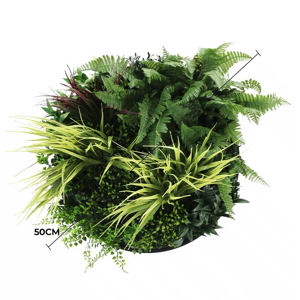 Slimline Artificial Green Wall Disc Art 50cm Grassy Fern Fields UV Resistant (Black) — UV resistant artificial plant