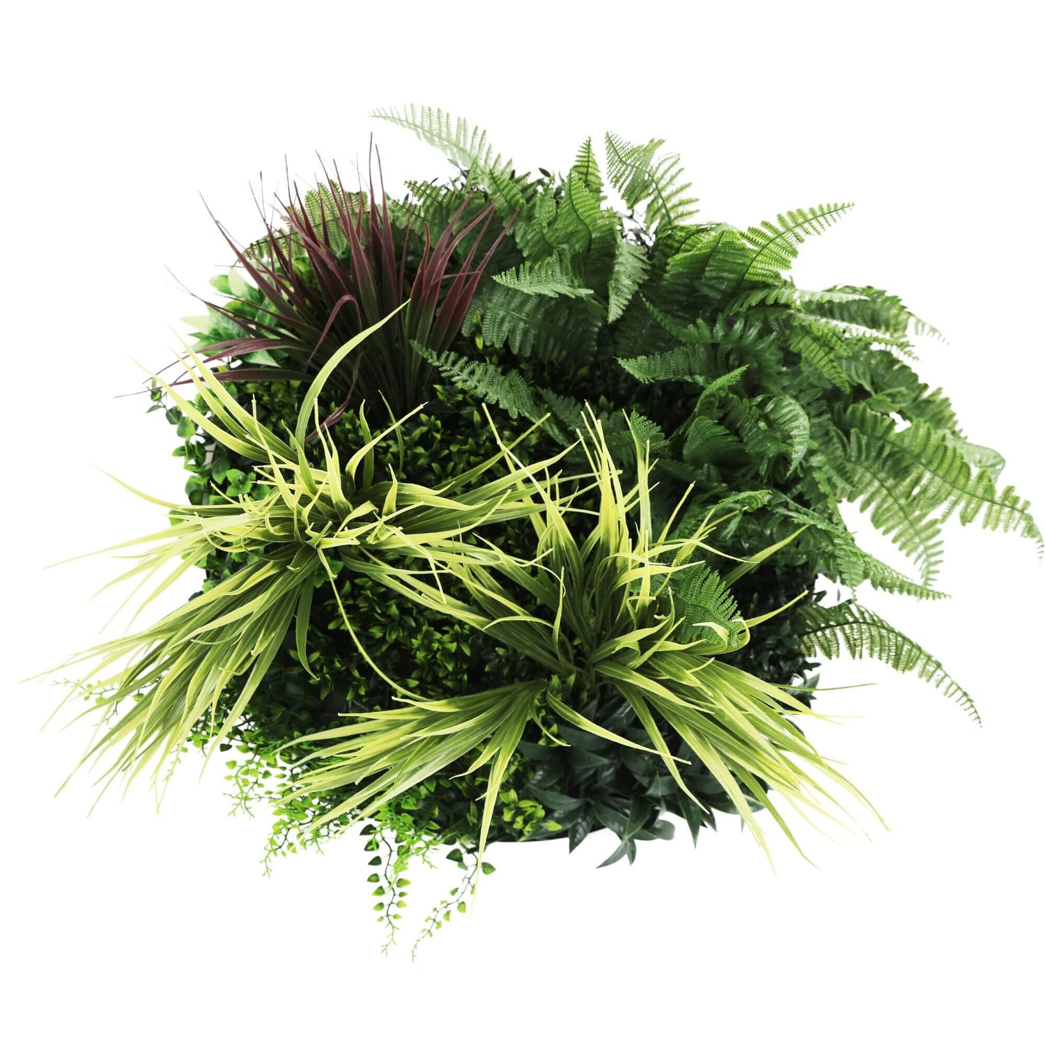 Artificial greenery arrangement with various plants on a white background