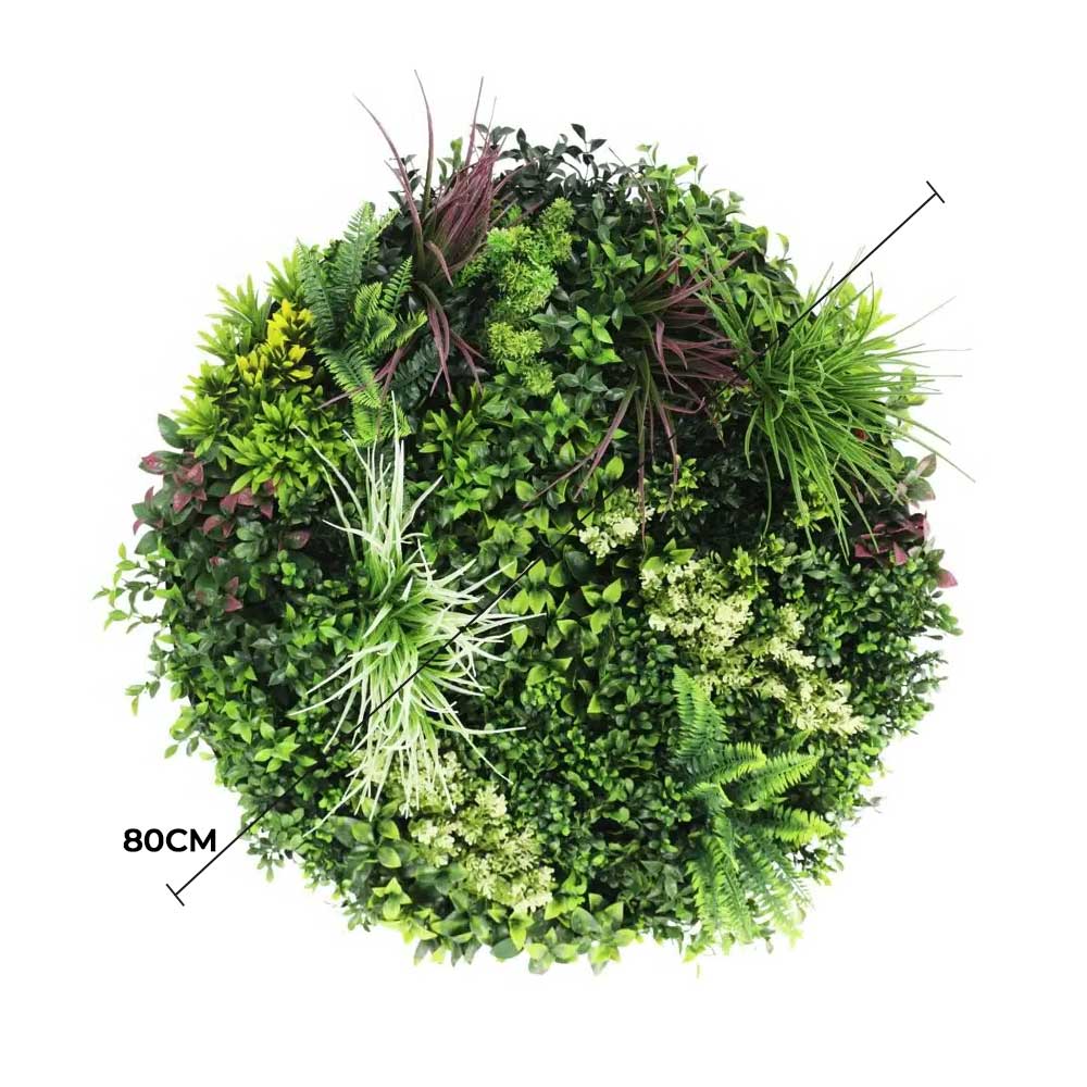 Artificial green wreath with dimensions on a white background