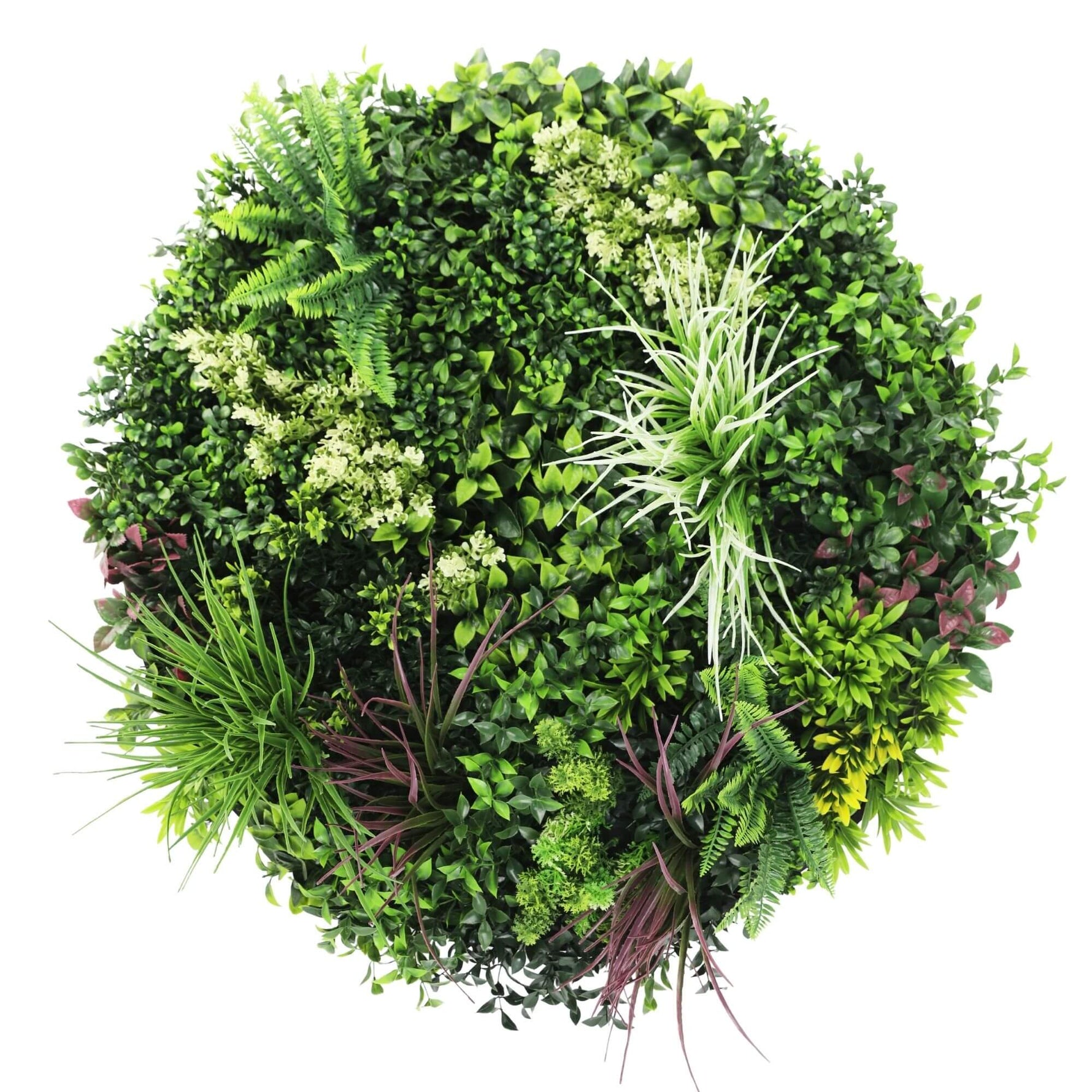 Artificial greenery wreath with various types of plants on a white background