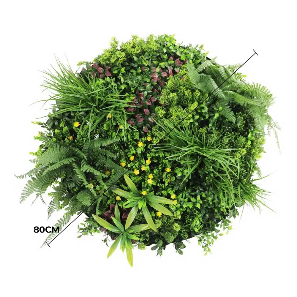 Artificial greenery ball with dimensions on a white background
