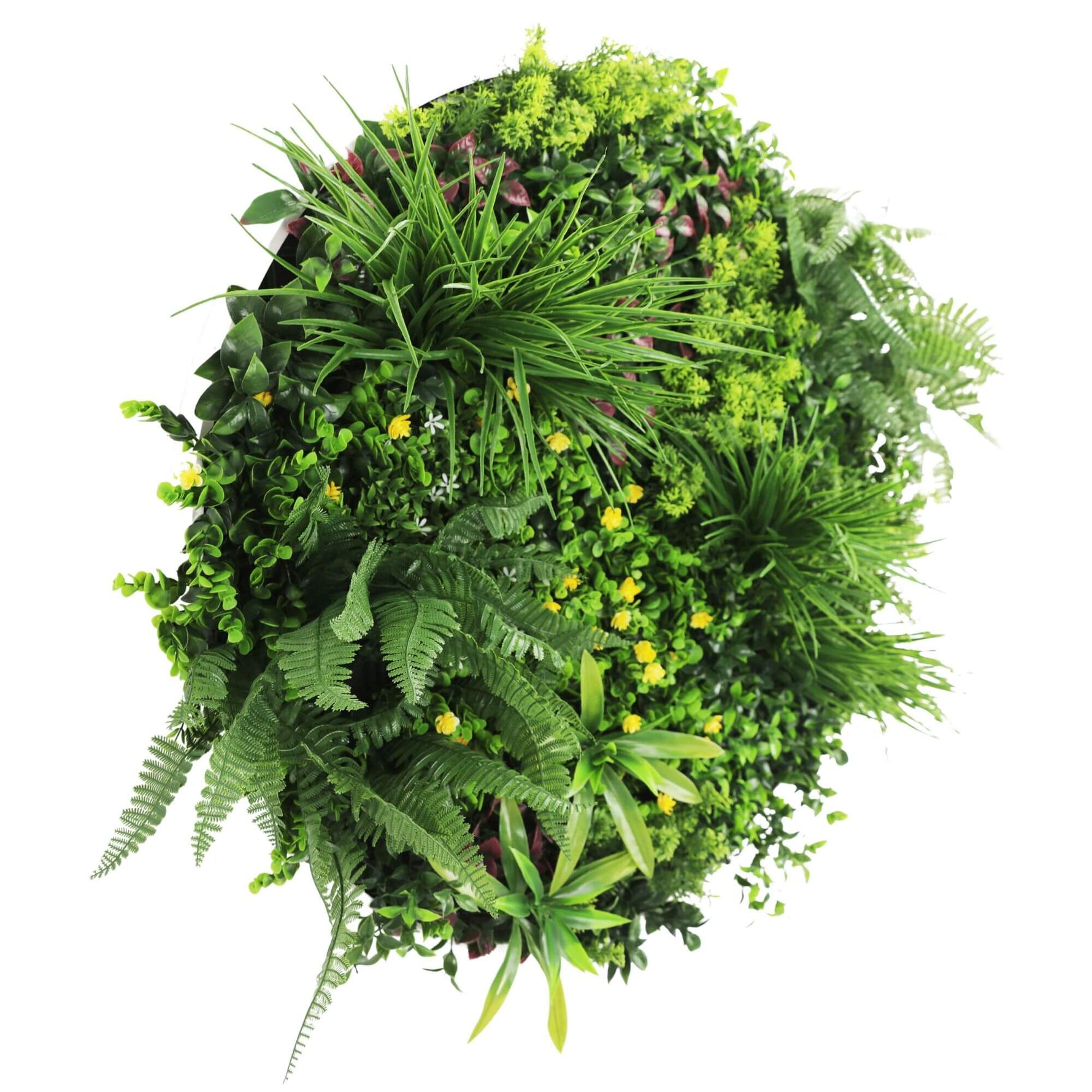 Artificial greenery wreath with various plants on a white background