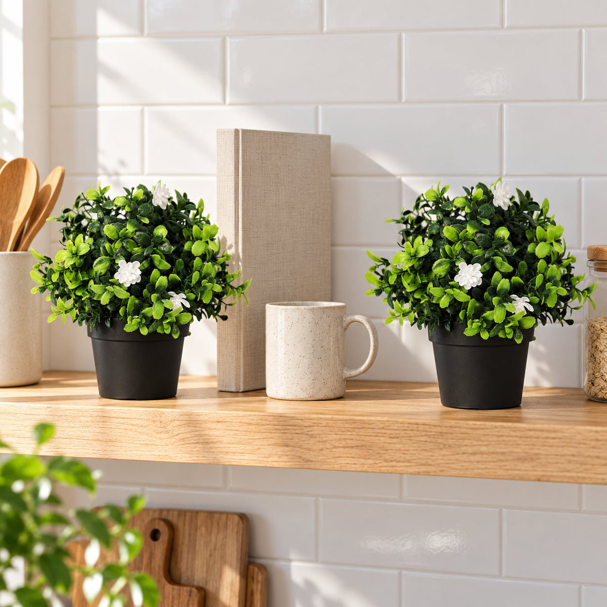 Small Potted Artificial Flowering Boxwood Plant UV Resistant 20cm - Designer Vertical Gardens Artificial Shrubs and Small plants Artificial Trees
