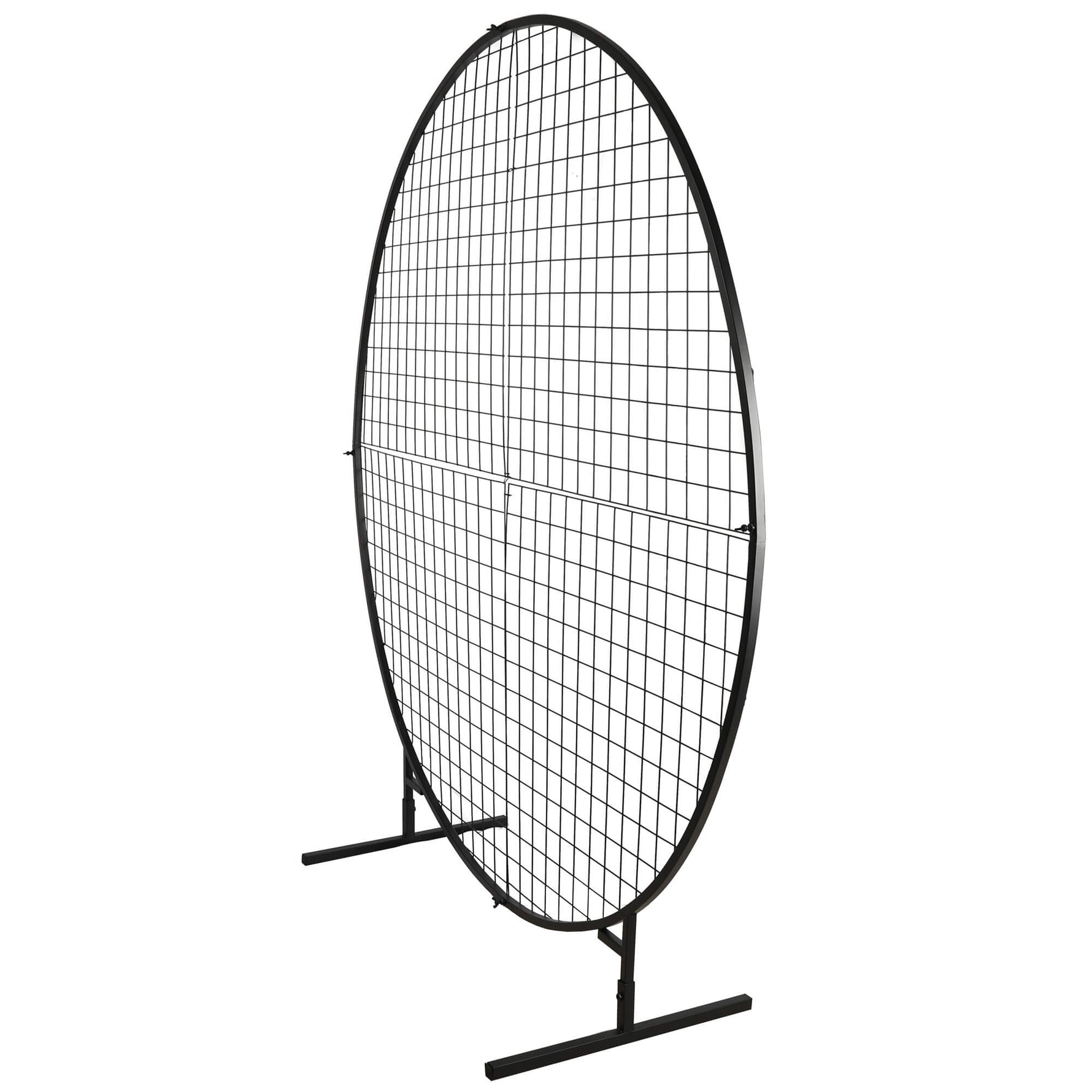 Black metal display stand with circular grid on a white background
