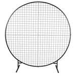 Round black grid display stand on a white background