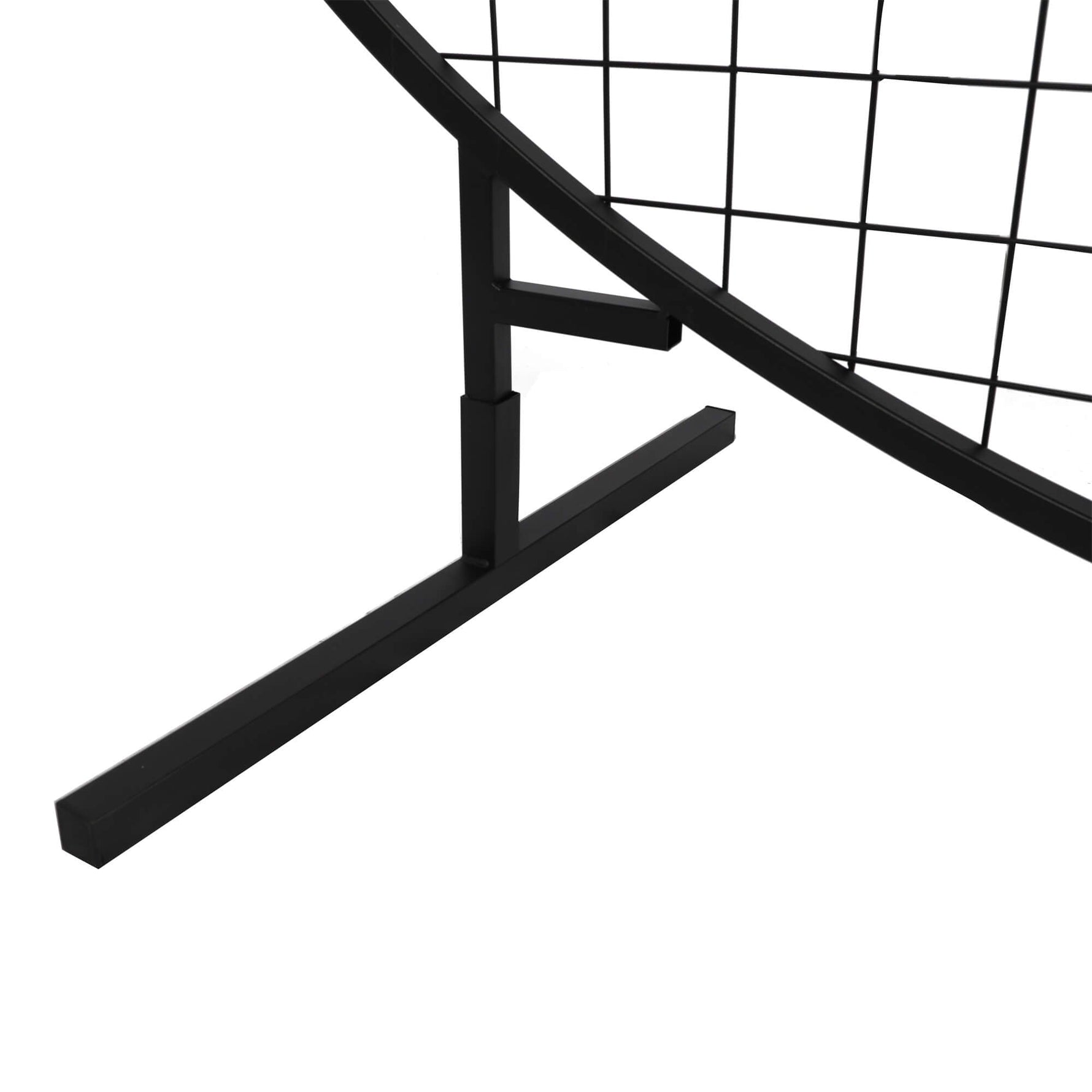 Black metal stand with grid design on a white background