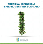 Artificial extendable hanging Christmas garland on a white background with 'Designer Plants' logo.