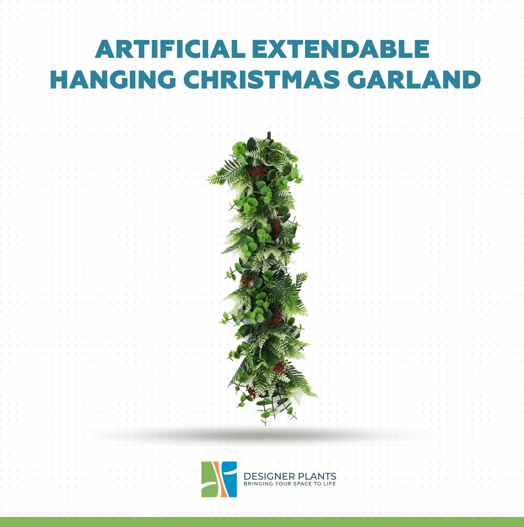Artificial extendable hanging Christmas garland on a white background with 'Designer Plants' logo.