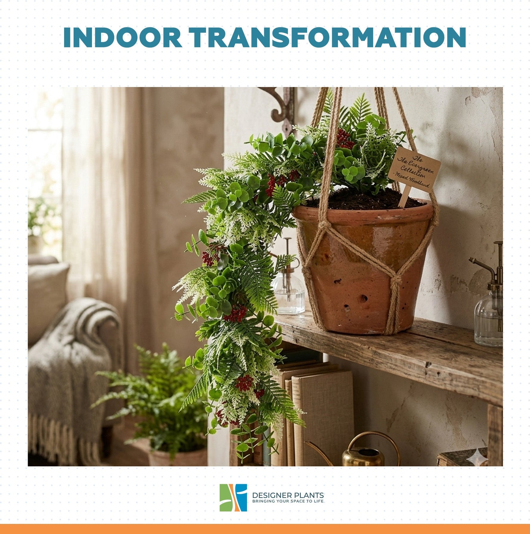 Indoor plants on a wooden shelf with 'Designer Plants' branding.