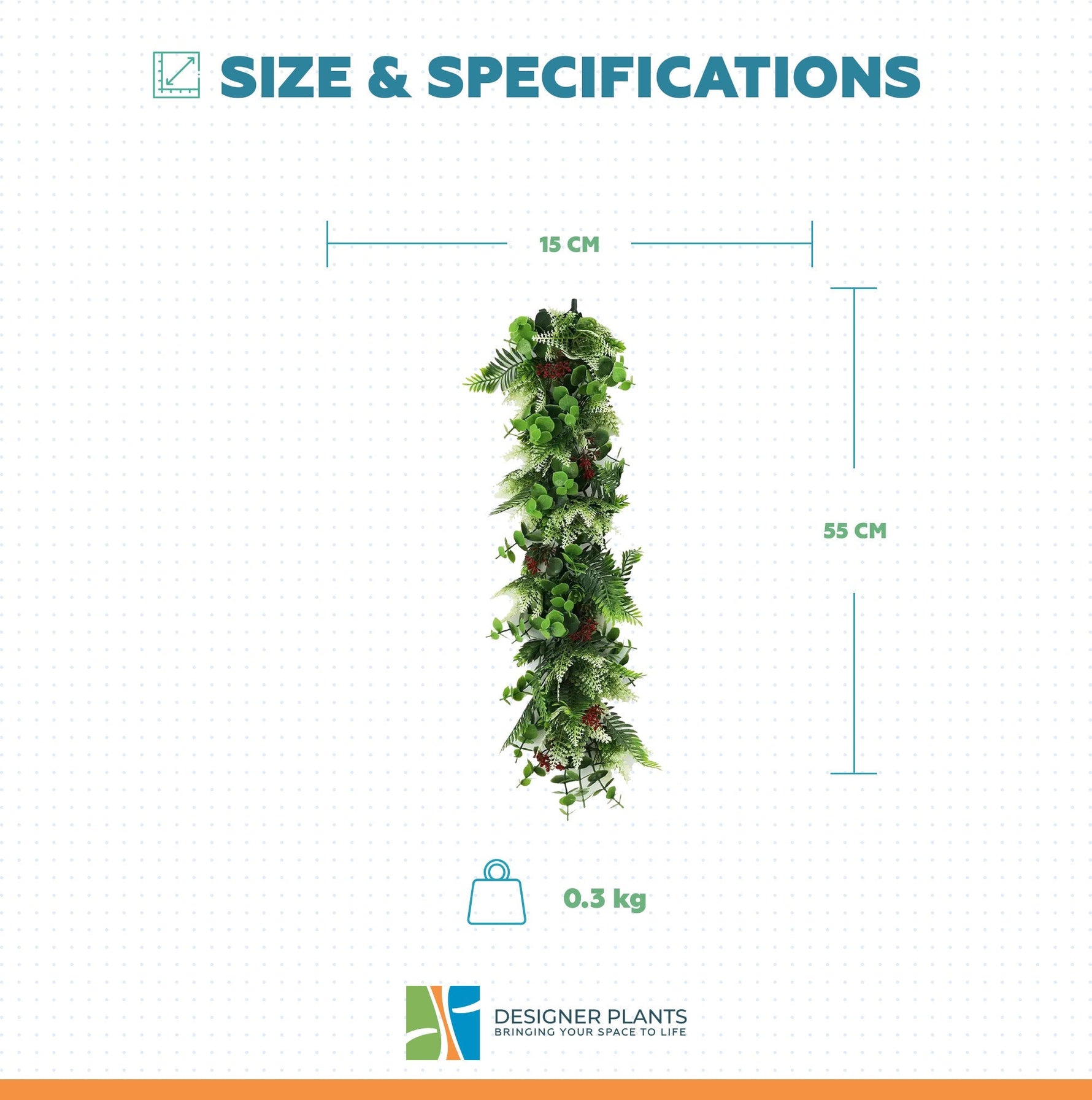 Hanging plant garland with measurements and weight on a white background
