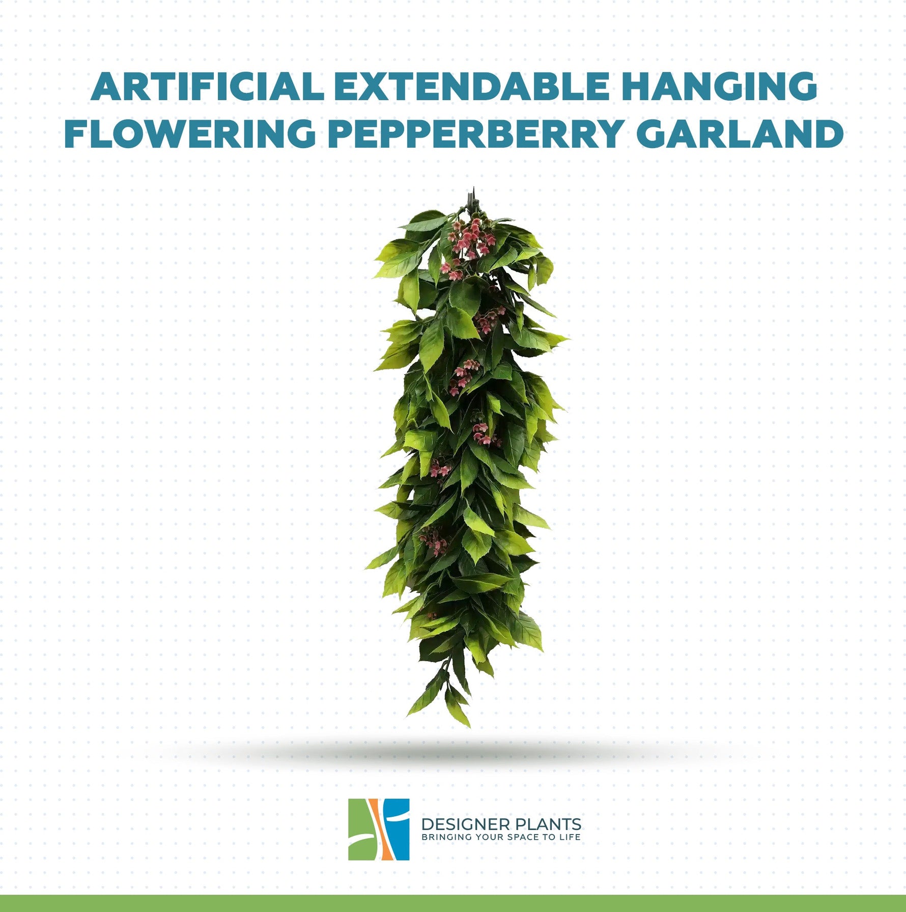 Artificial extendable hanging flowering pepperberry garland by Designer Plants, featuring green leaves and small pinkish-purple flowers, centered on a white background with blue text at the top.